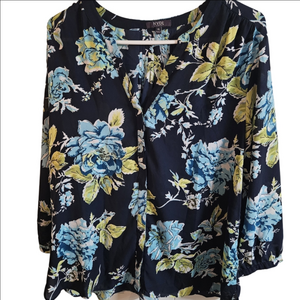 NYDJ Navy Floral Blouse with Lime Accents